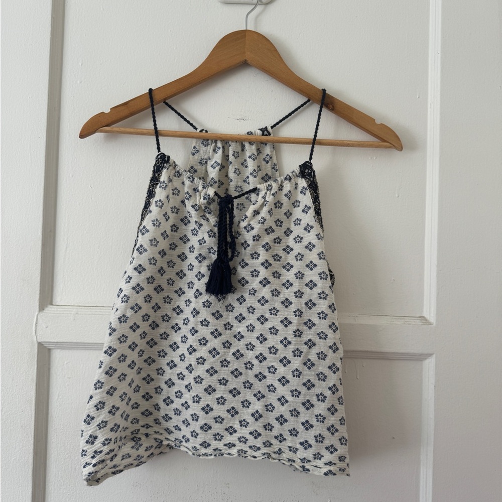 White and blue bohemian tie blouse — Great condition